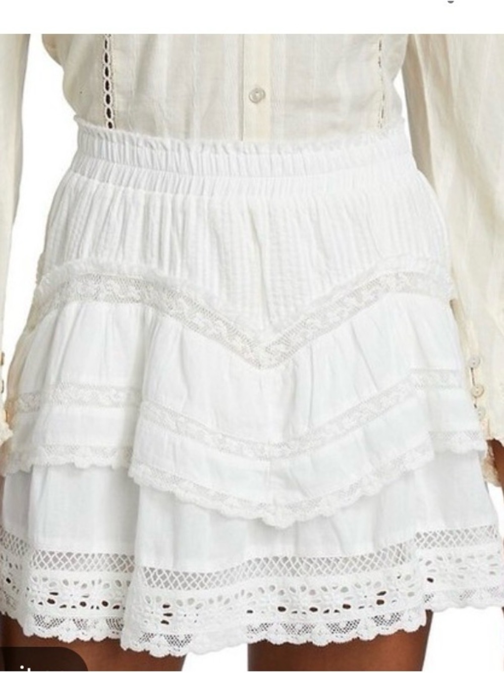 LoveShackFancy Abrielle White Tiered Lace Mini Skirt Eyelet Trim Pintuck Pleat S